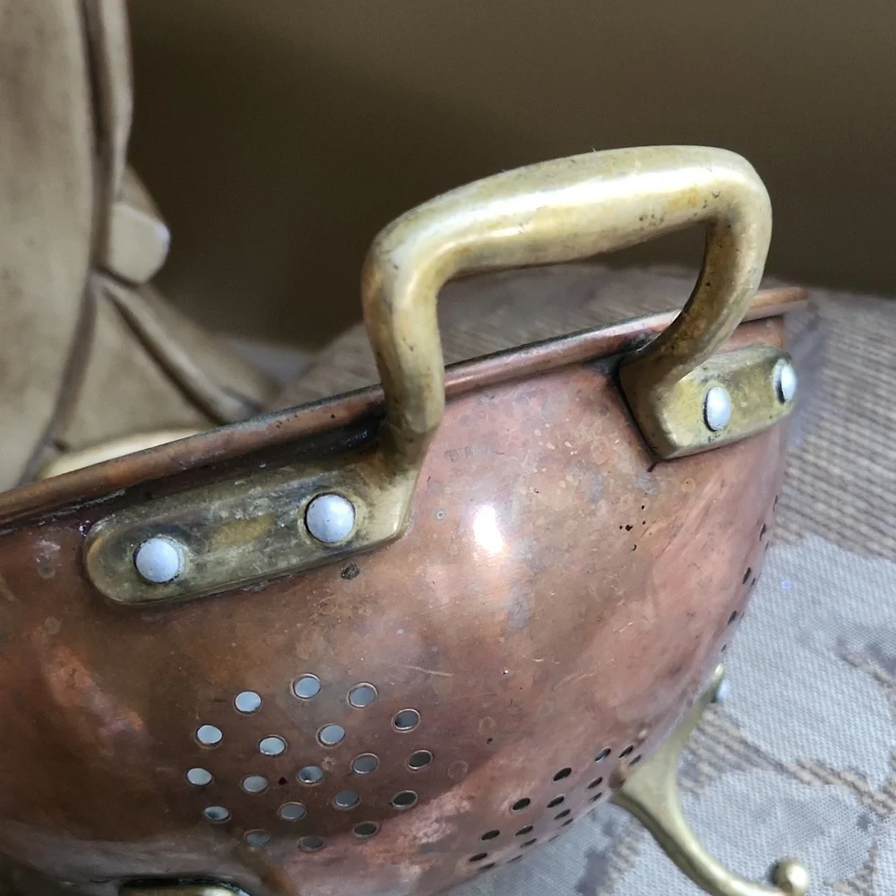 Antique copper colander with Brass Feet & Handles